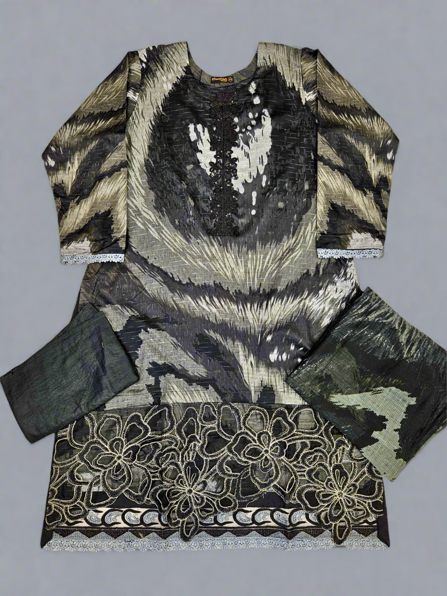 MB black colour floral print cotton shalwar kameez