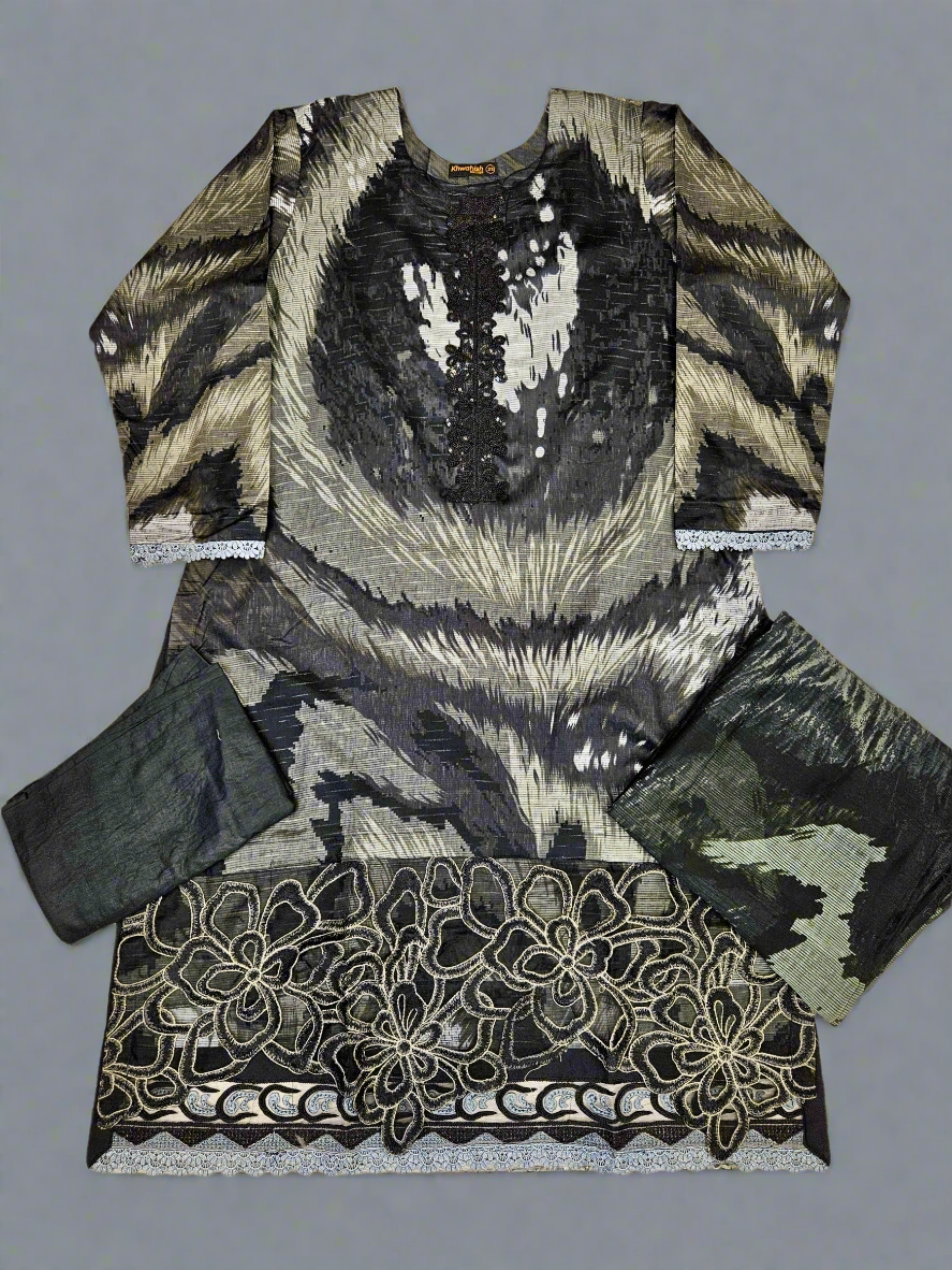MB black colour floral print cotton shalwar kameez