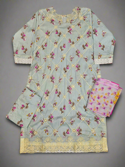 IZK swedish blue colour floral print cotton shalwar kameez
