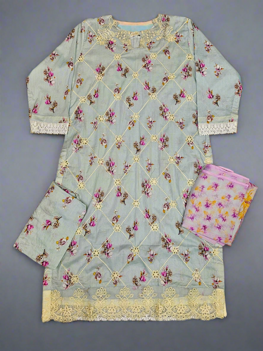 IZK swedish blue colour floral print cotton shalwar kameez