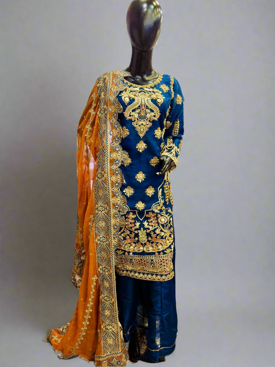 MNR navy blue colour hand embellished organza sharara suit