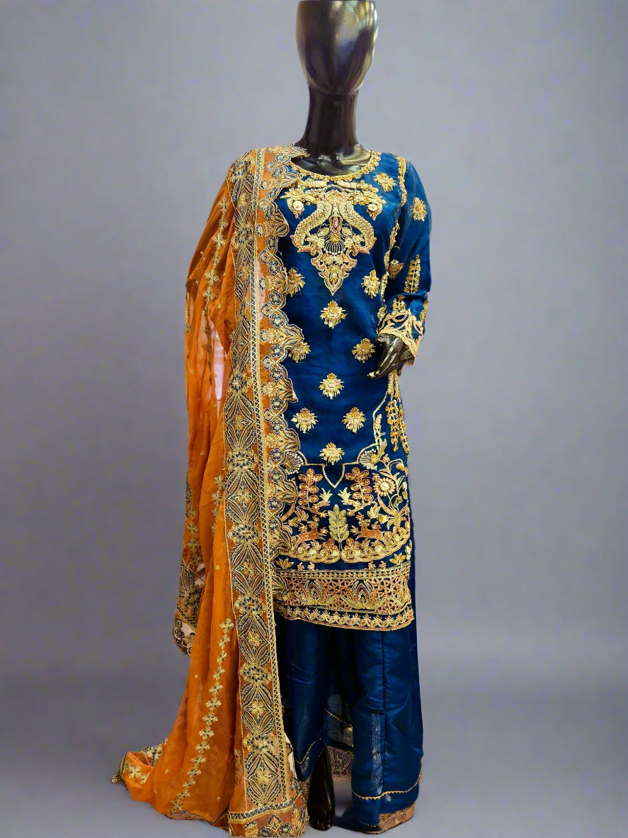 MNR navy blue colour hand embellished organza sharara suit