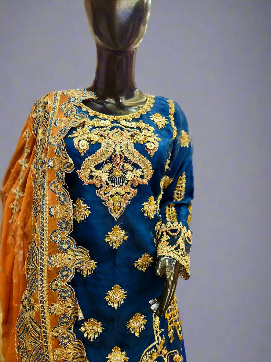 MNR navy blue colour hand embellished organza sharara suit