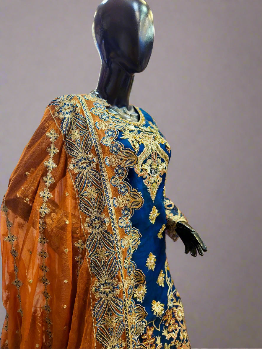 MNR navy blue colour hand embellished organza sharara suit