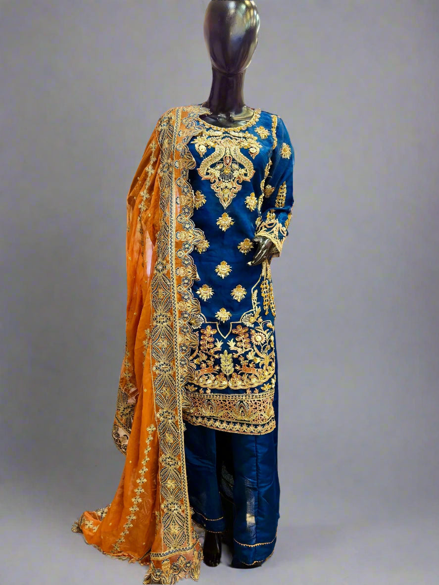 MNR navy blue colour hand embellished organza sharara suit