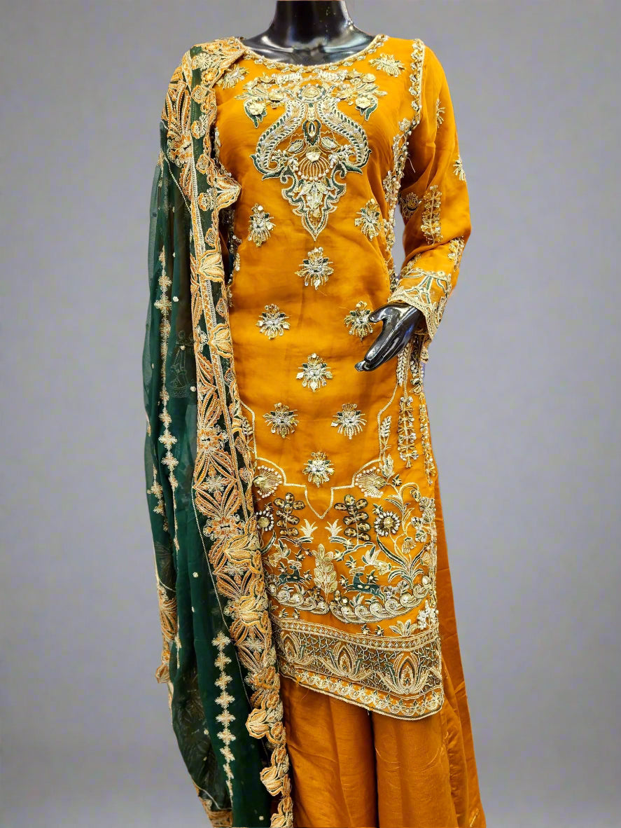 MNR pumpkin orange colour hand embellished organza sharara suit