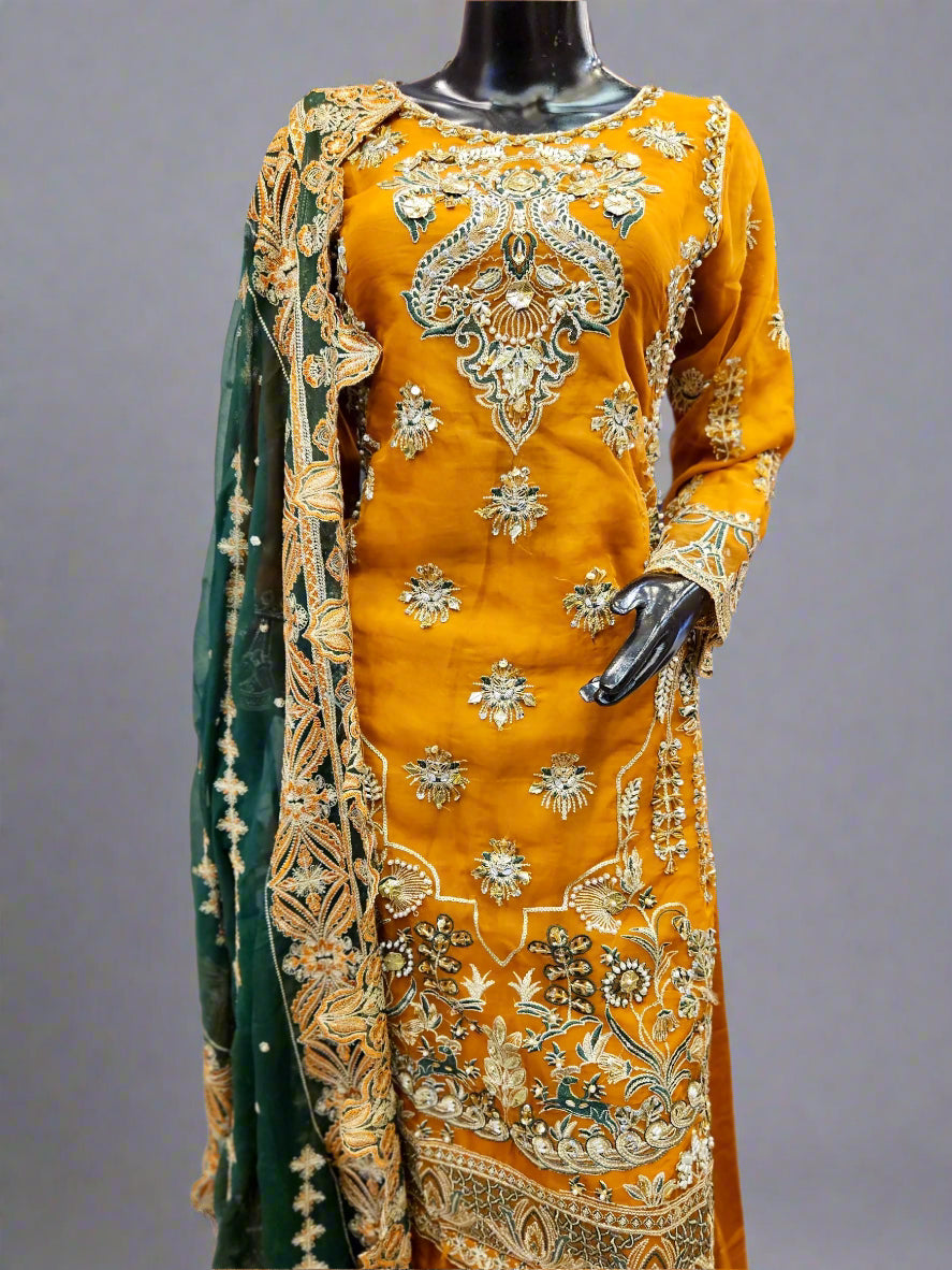 MNR pumpkin orange colour hand embellished organza sharara suit