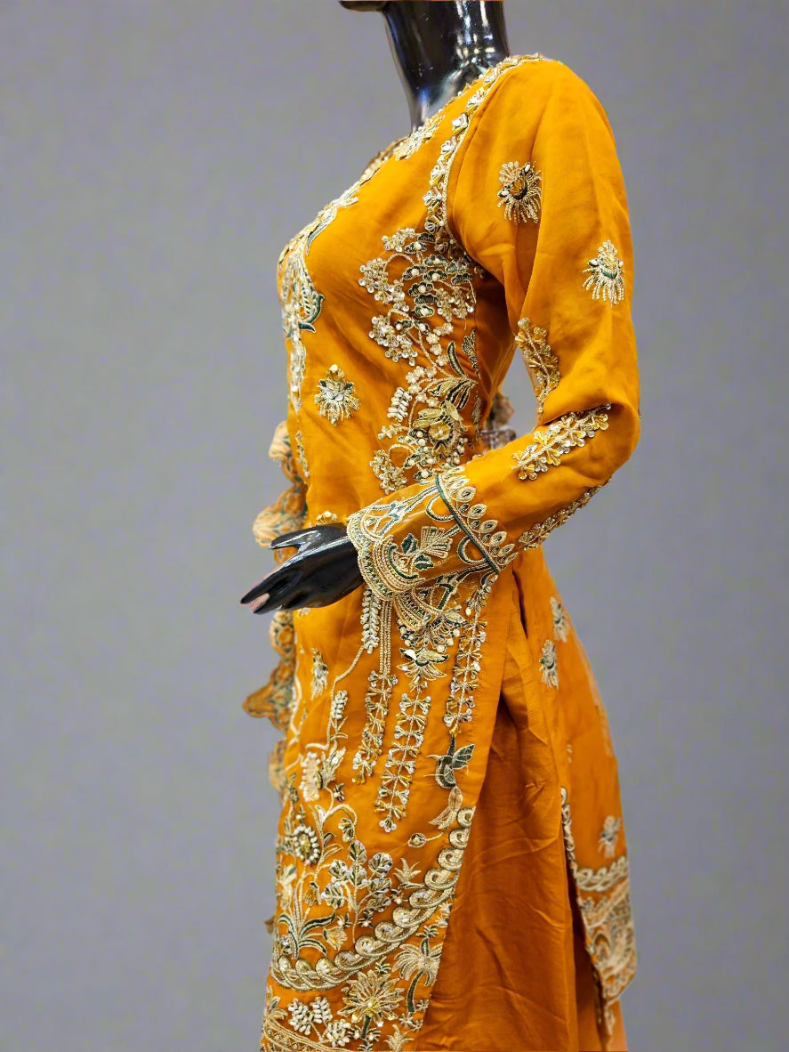 MNR pumpkin orange colour hand embellished organza sharara suit