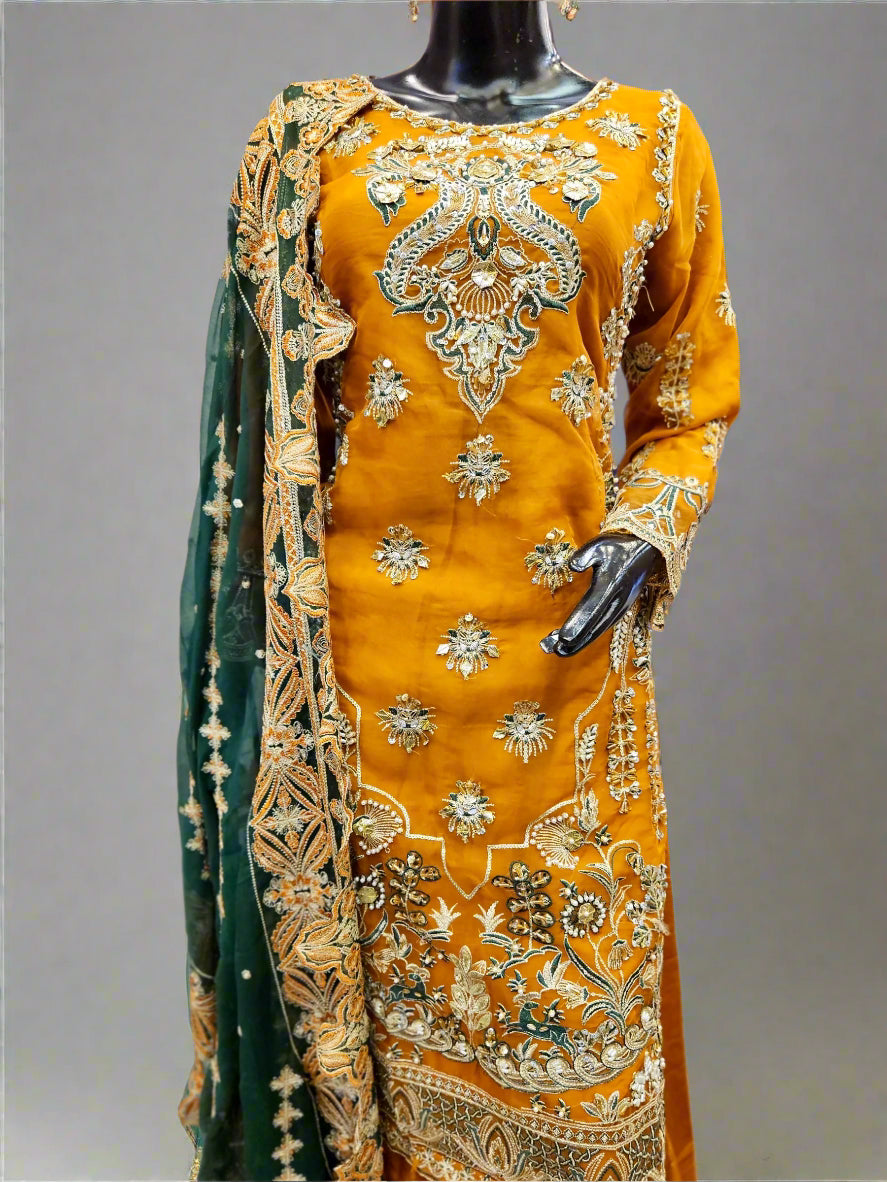 MNR pumpkin orange colour hand embellished organza sharara suit