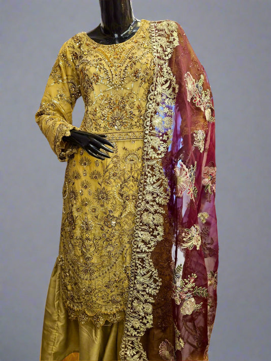 ZC mustard and wine red colour hand embellished chiffon sharara suit
