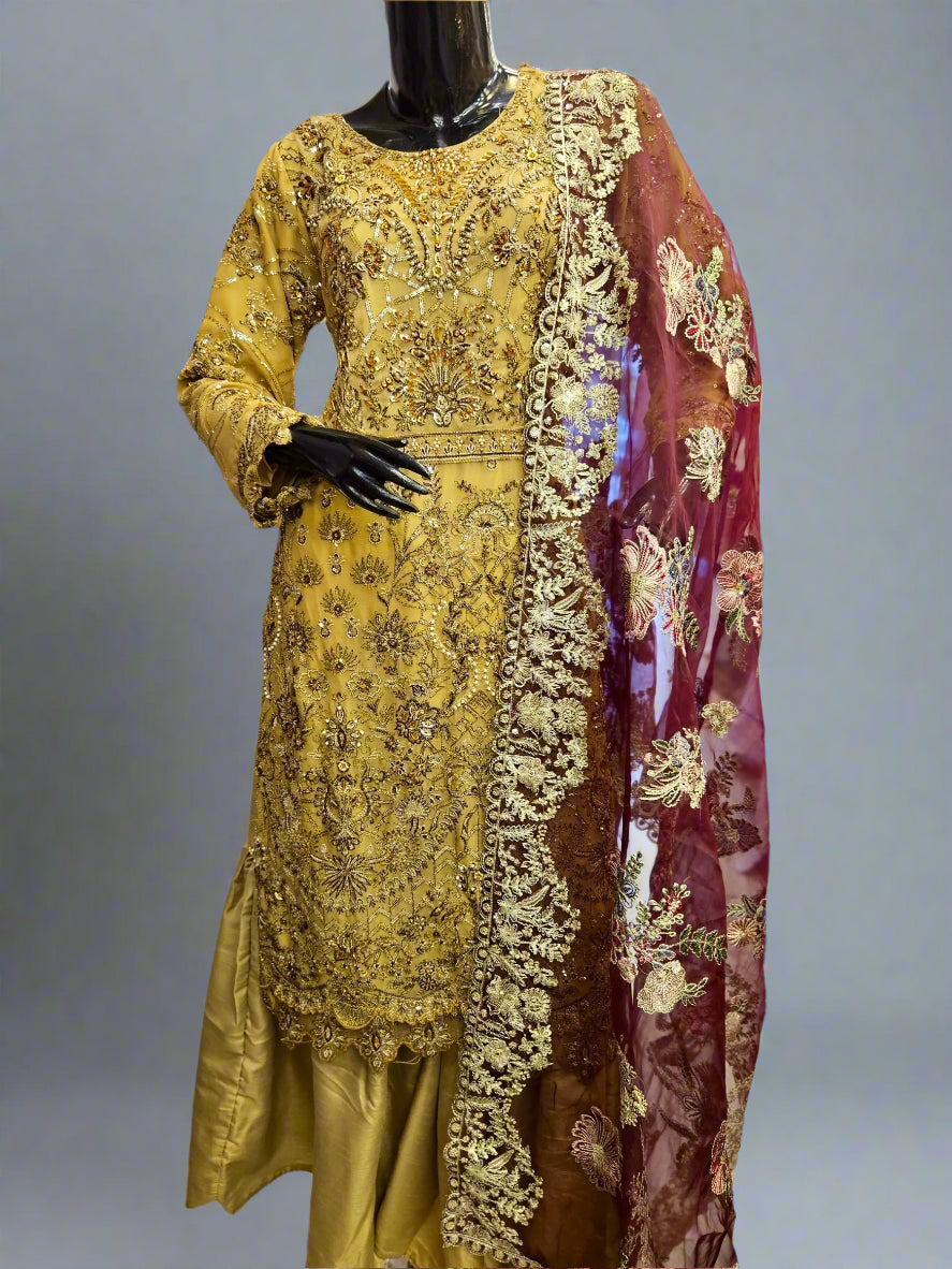 ZC mustard and wine red colour hand embellished chiffon sharara suit