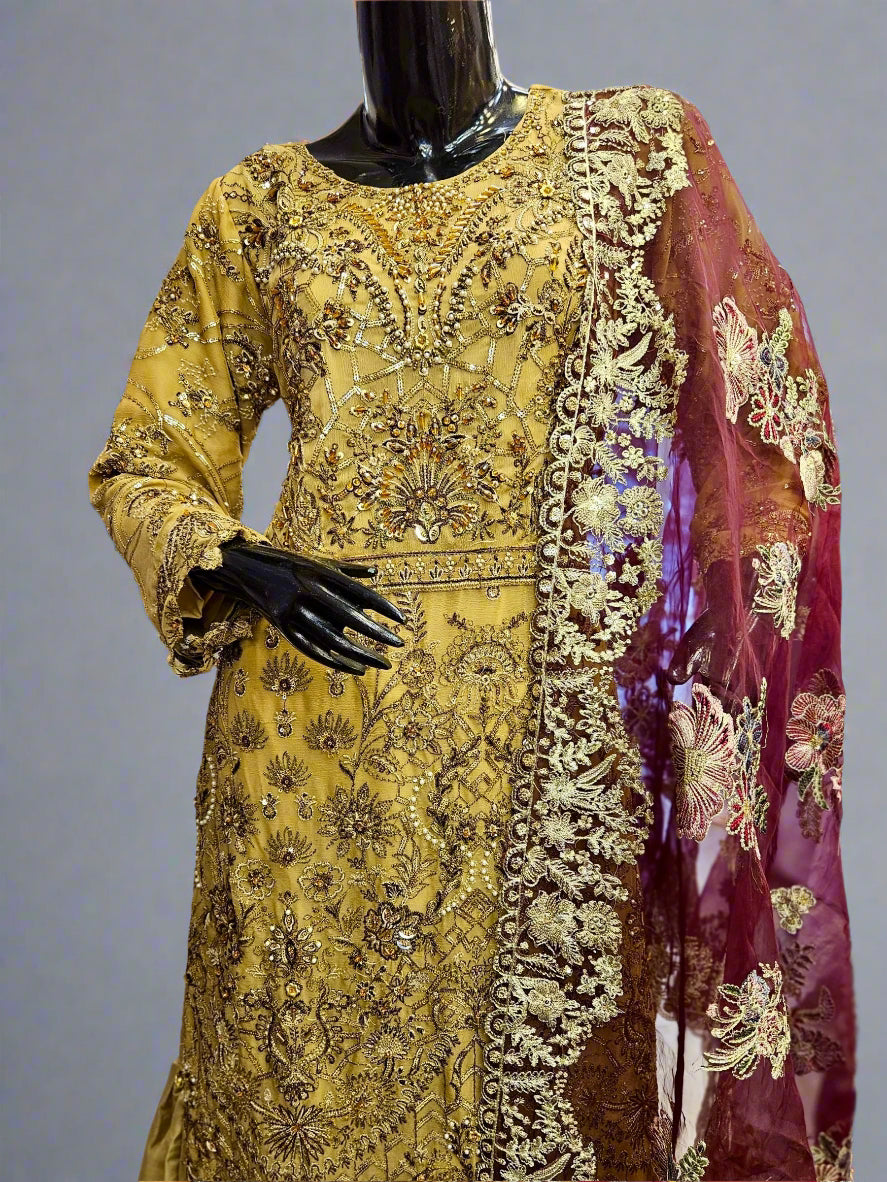 ZC dark beige and plum hand embellished chiffon gharara suit