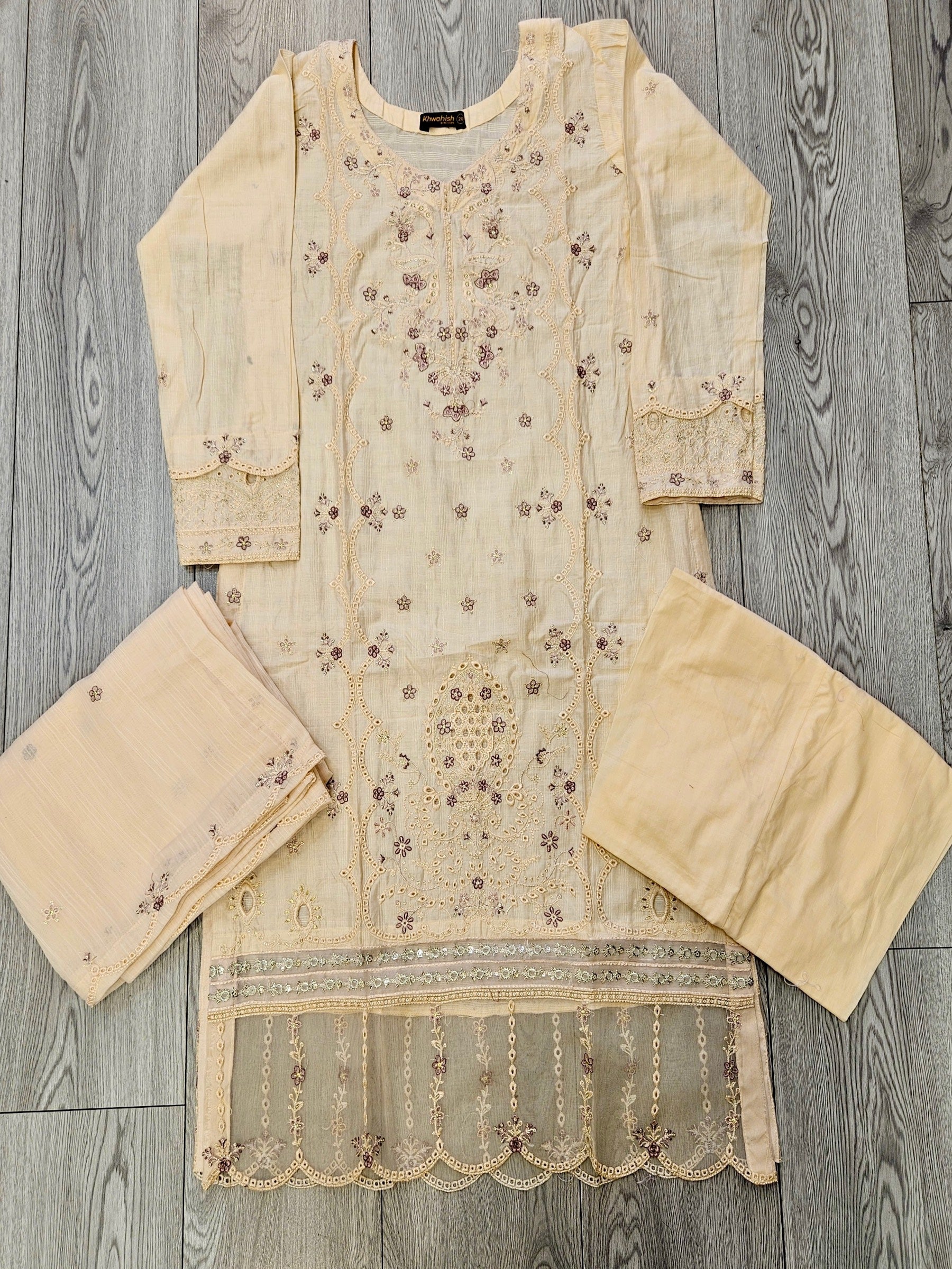 Pale peach and purple floral embroidery cotton fabric shalwar kameez