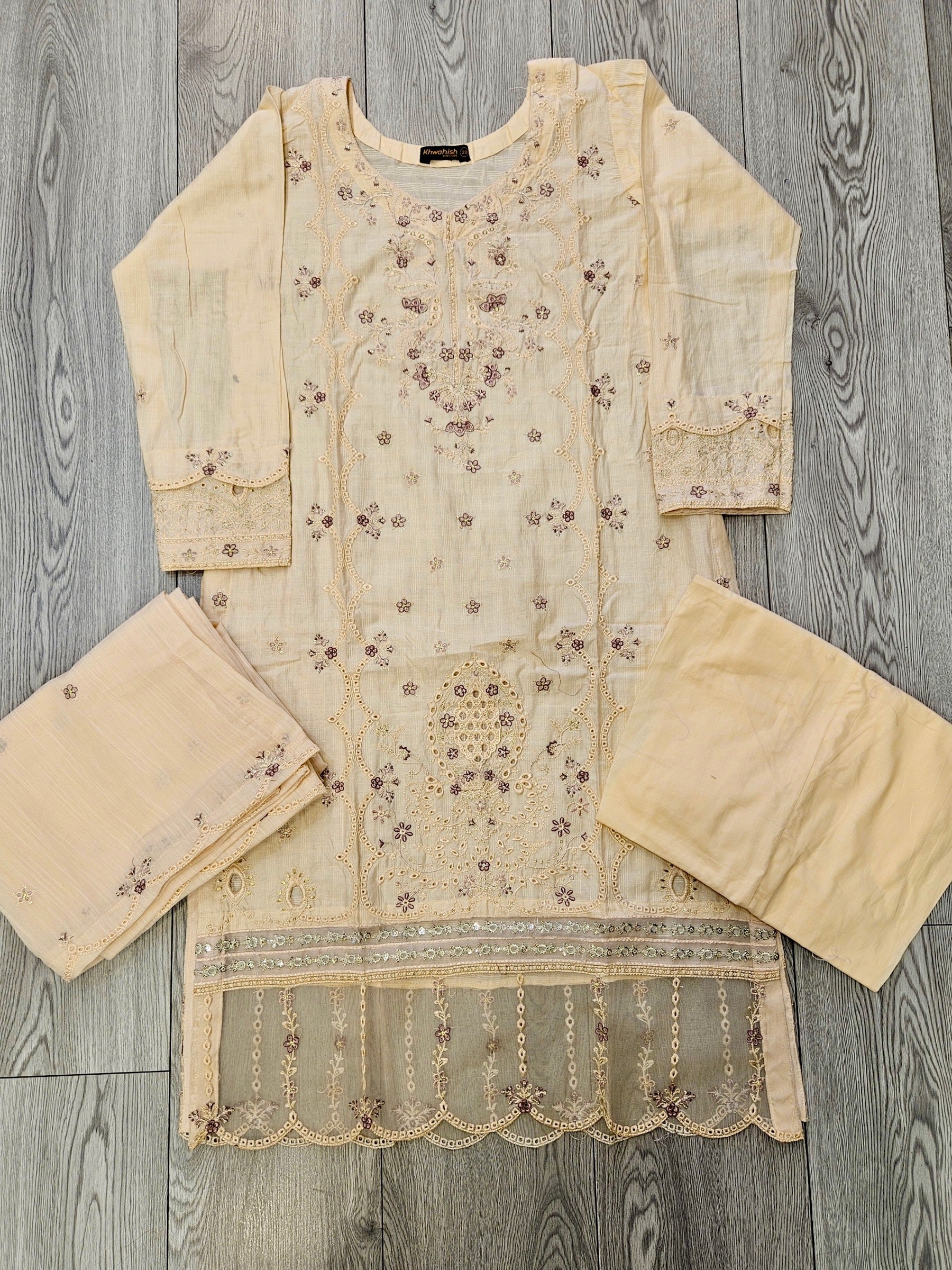 Pale peach and purple floral embroidery cotton fabric shalwar kameez