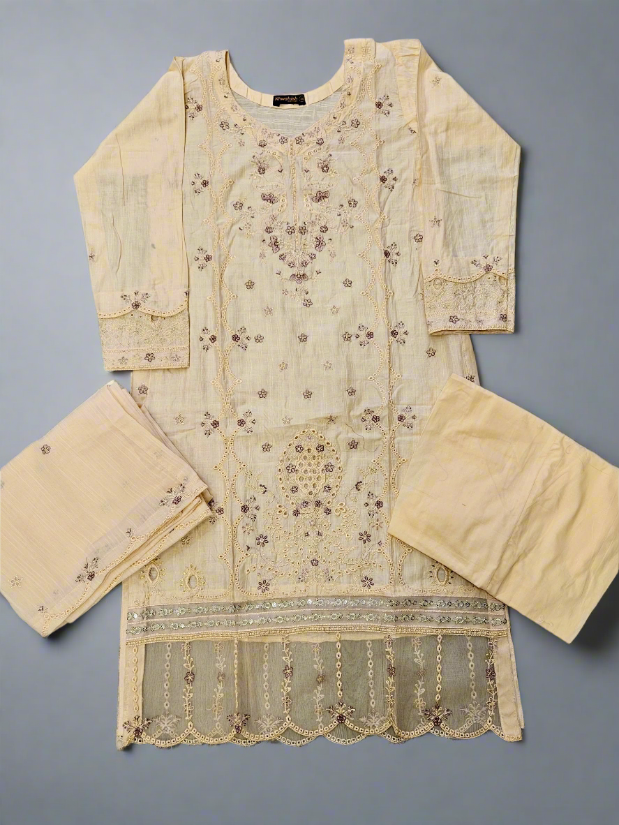 Pale peach and purple floral embroidery cotton fabric shalwar kameez