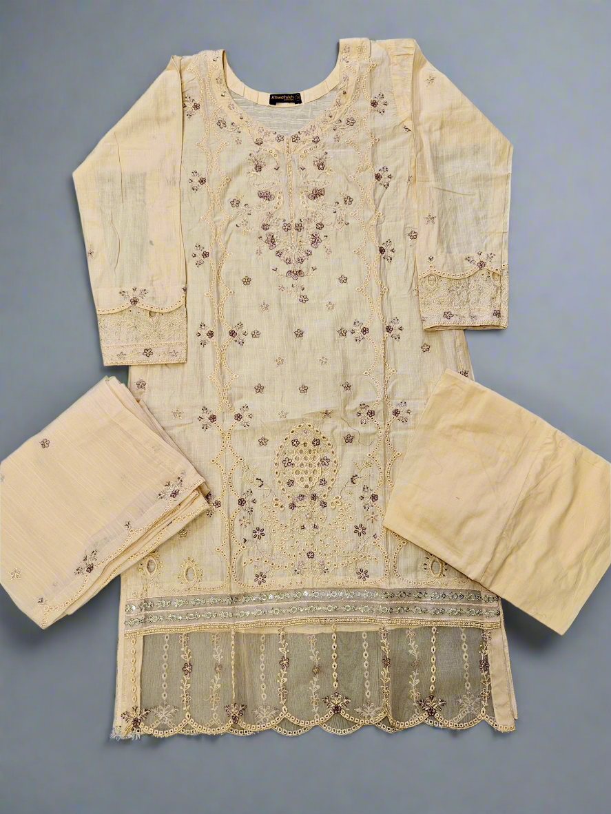 Pale peach and purple floral embroidery cotton fabric shalwar kameez