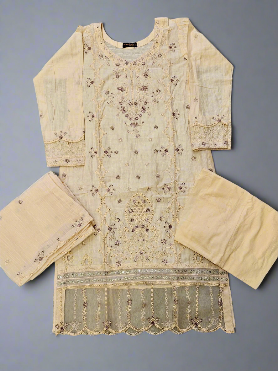 Pale peach and purple floral embroidery cotton fabric shalwar kameez