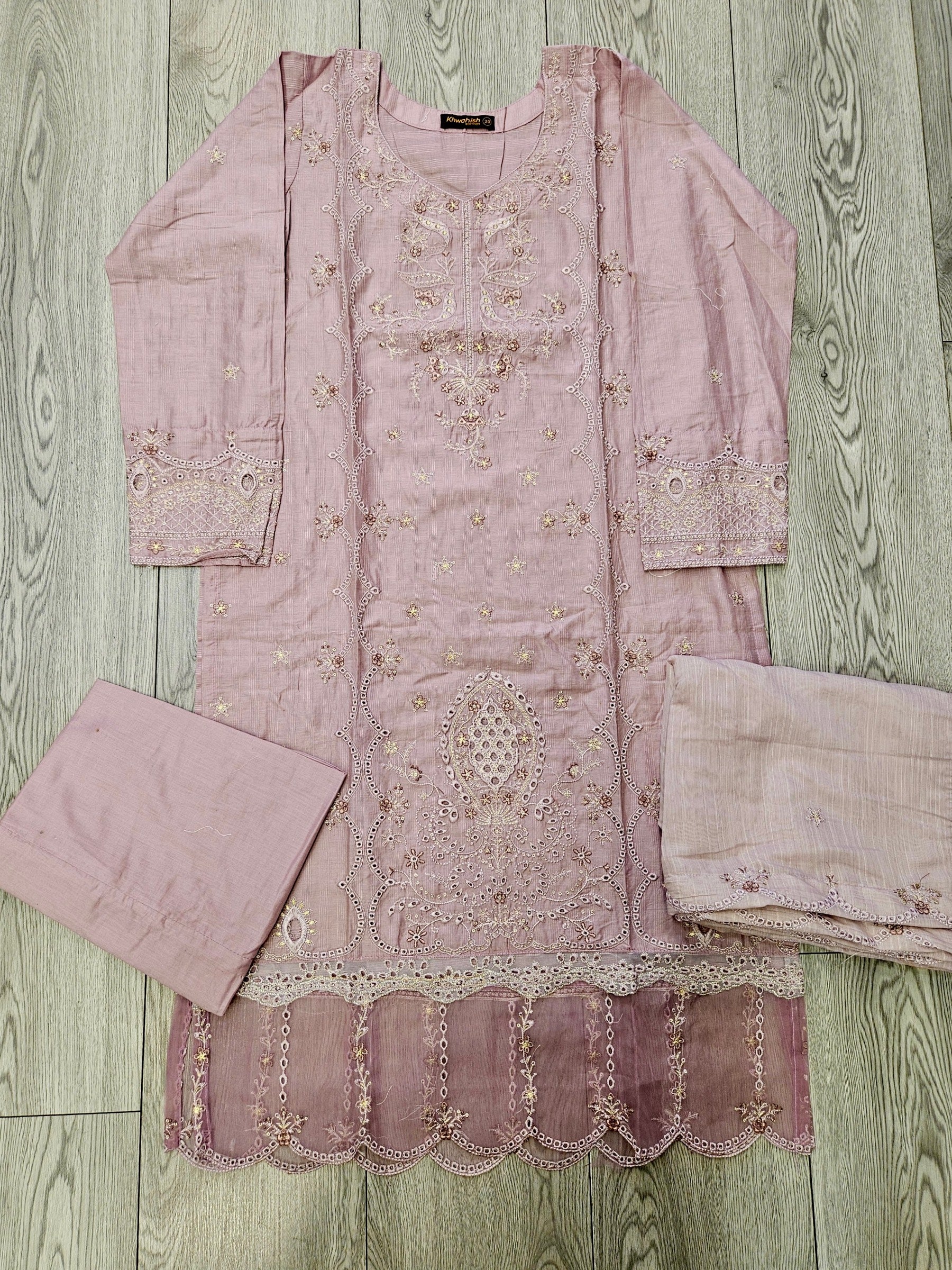 Lilac purple and silver floral embroidery fabric shalwar kameez