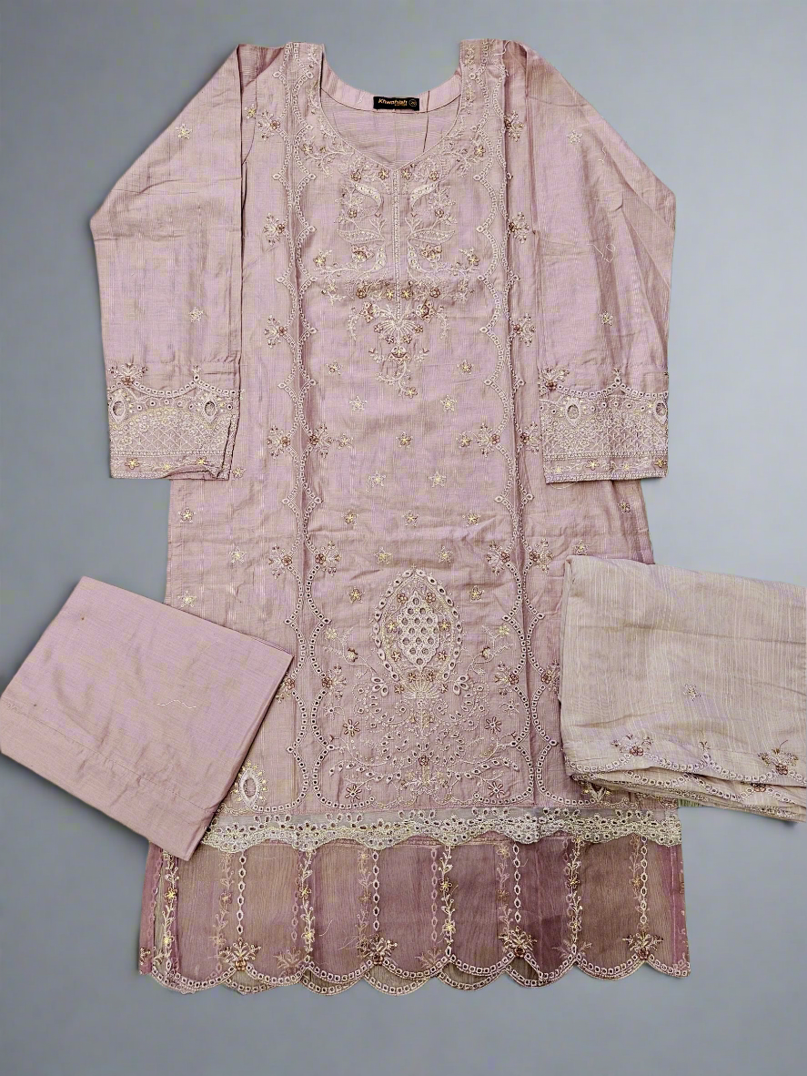 Lilac purple and silver floral embroidery fabric shalwar kameez