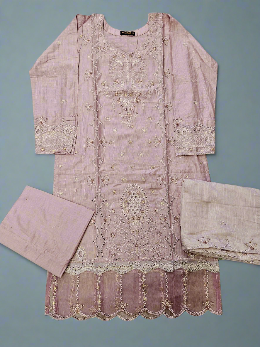 Lilac purple and silver floral embroidery fabric shalwar kameez