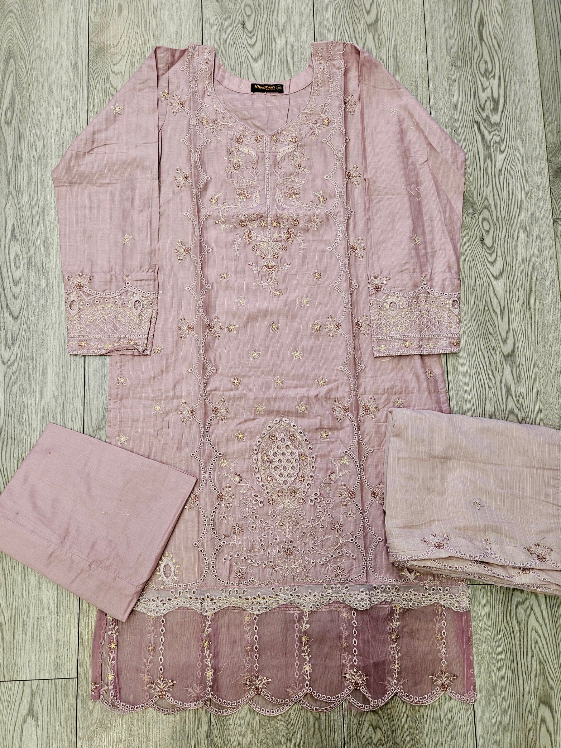 Lilac purple and silver floral embroidery fabric shalwar kameez
