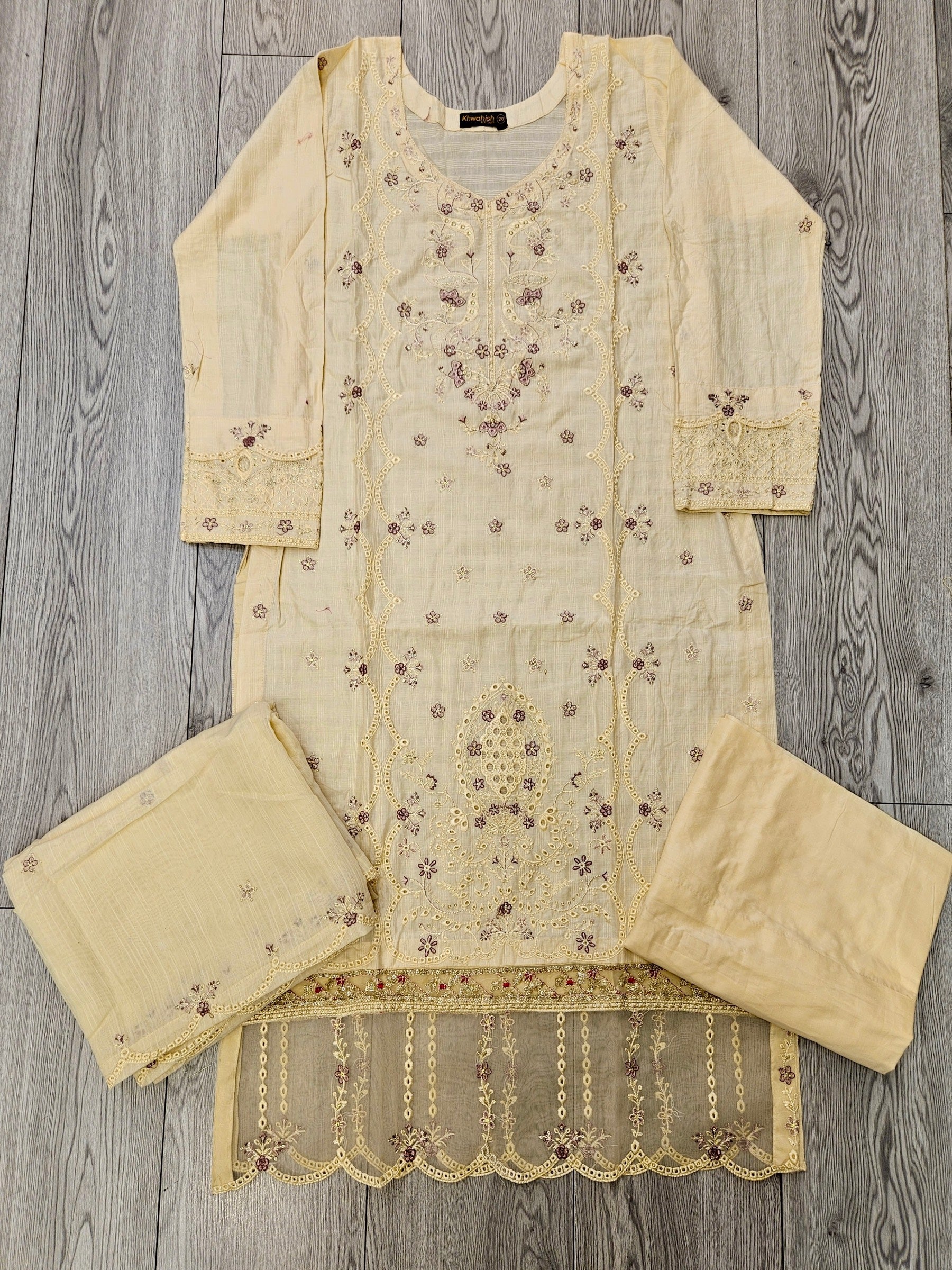 Pastel peach and purple floral embroidery cotton shalwar kameez