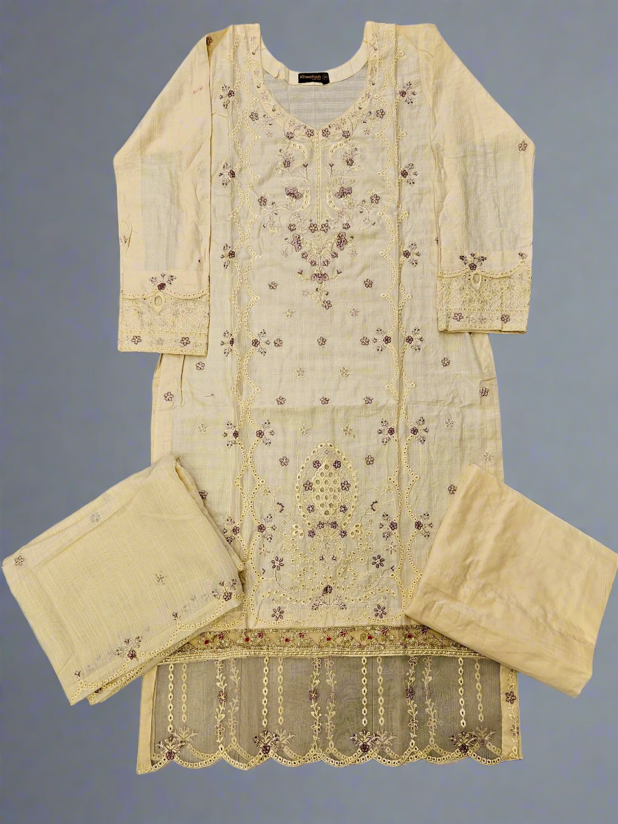 Pastel peach and purple floral embroidery cotton shalwar kameez