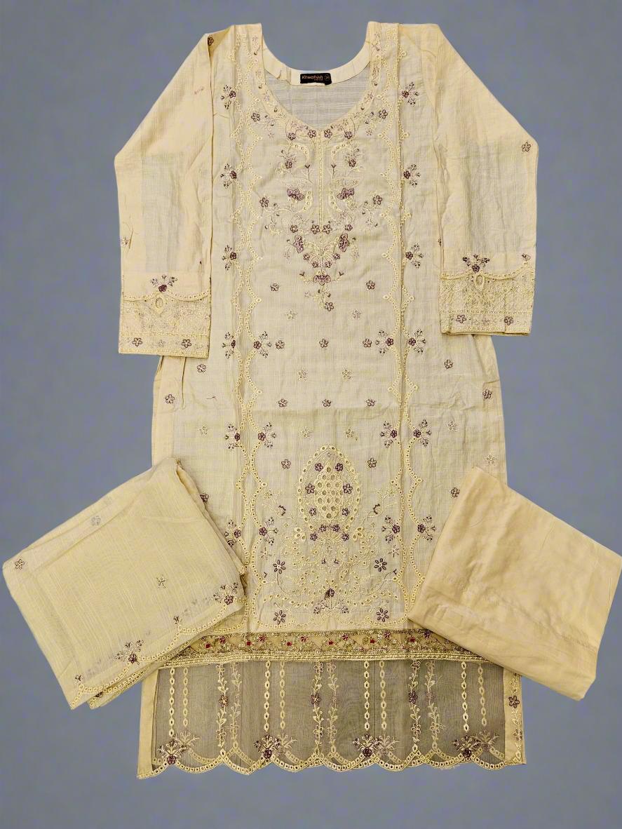 Pastel peach and purple floral embroidery cotton shalwar kameez