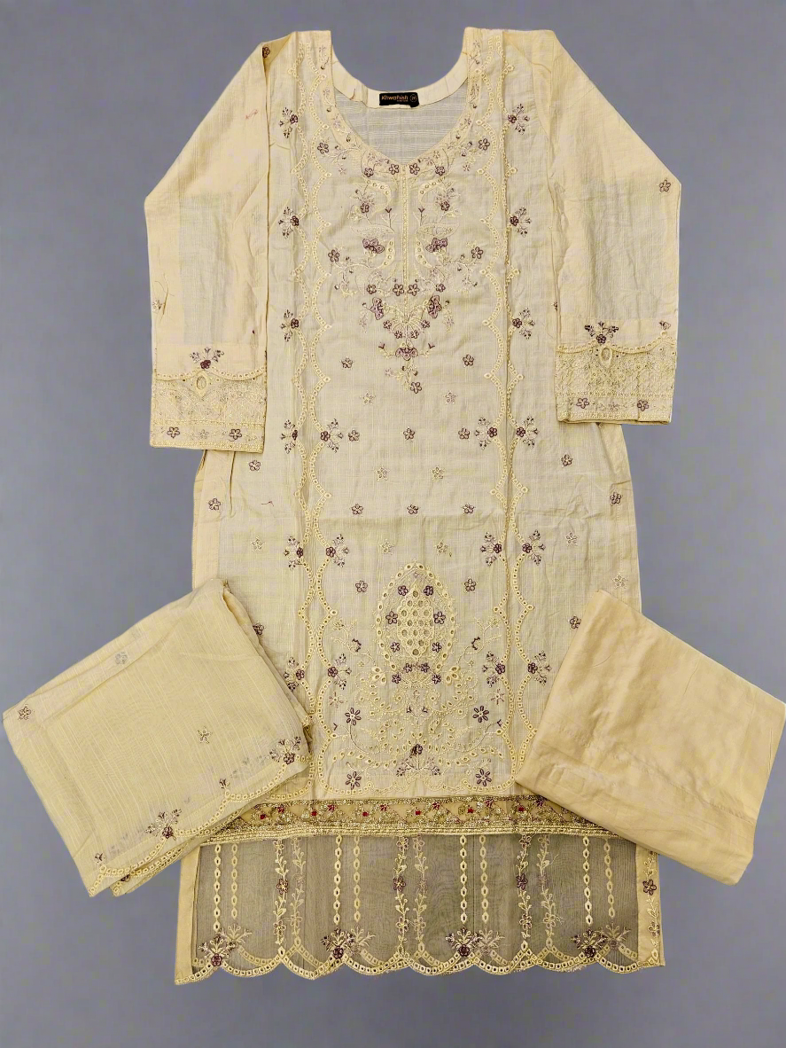 Pastel peach and purple floral embroidery cotton shalwar kameez