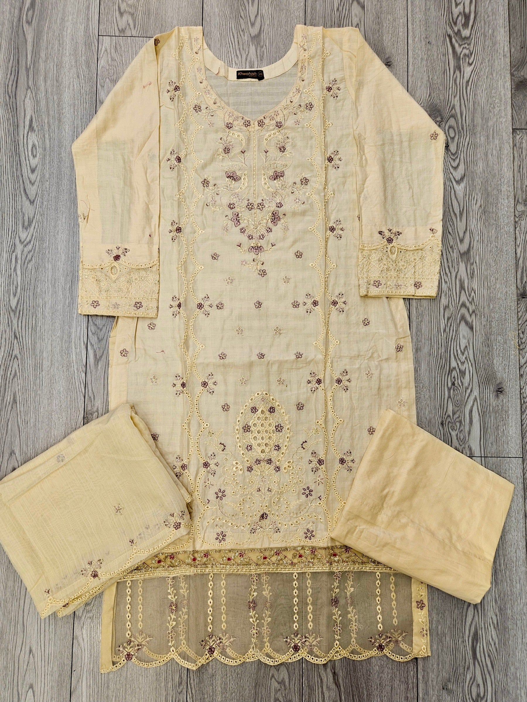 Pastel peach and purple floral embroidery cotton shalwar kameez