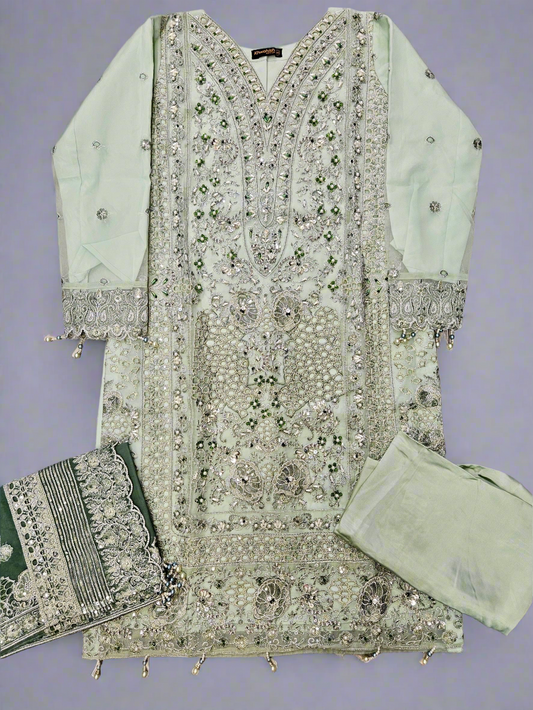 IZK moss green hand embroidered organza palazzo suit