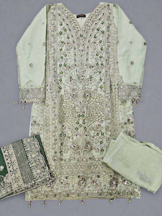 IZK moss green hand embroidered organza palazzo suit