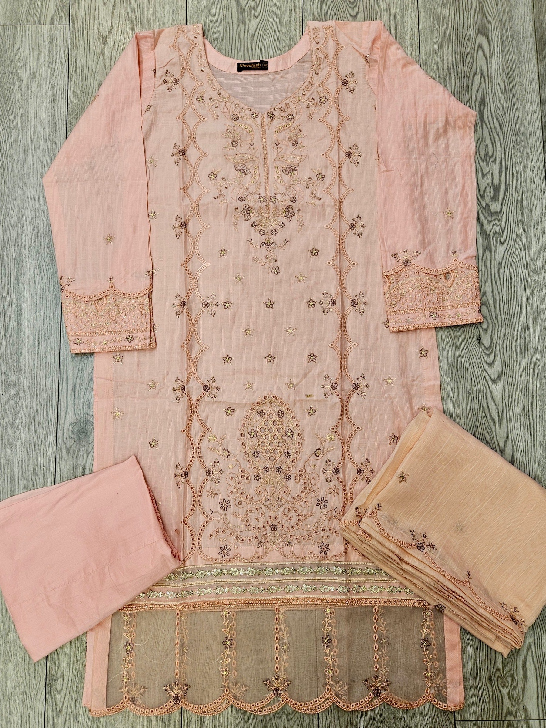 Creamy peach and purple floral embroidery cotton shalwar kameez