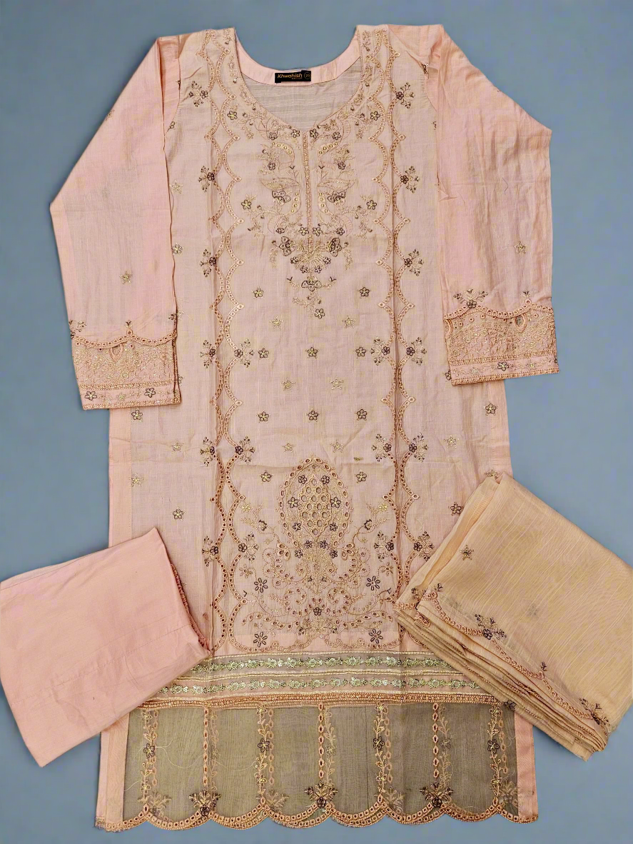 Creamy peach and purple floral embroidery cotton shalwar kameez