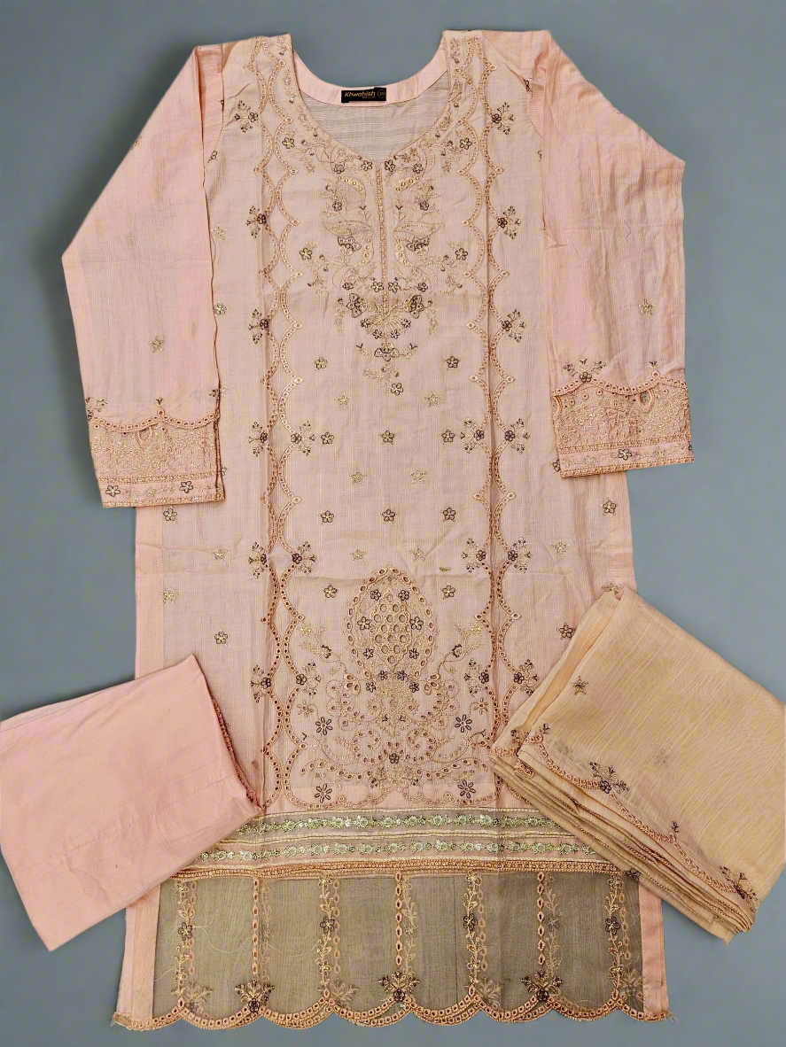 Creamy peach and purple floral embroidery cotton shalwar kameez