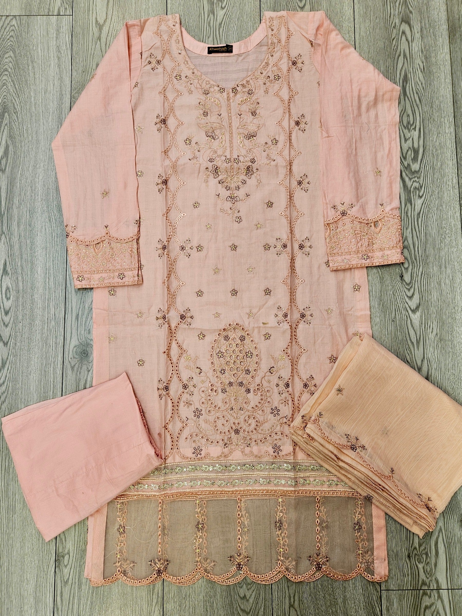 Creamy peach and purple floral embroidery cotton shalwar kameez