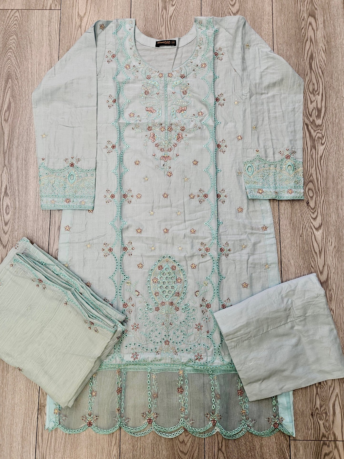 Baby blue and purple floral embroidery cotton shalwar kameez