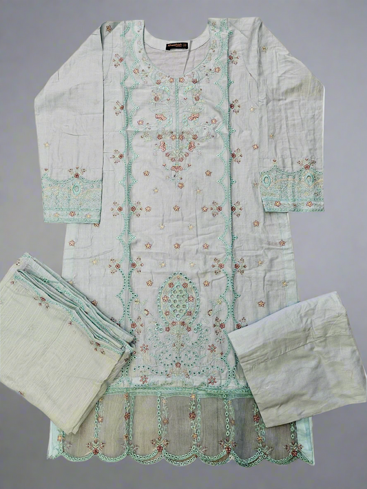 Baby blue and purple floral embroidery cotton shalwar kameez