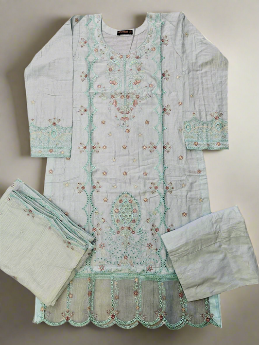 Baby blue and purple floral embroidery cotton shalwar kameez