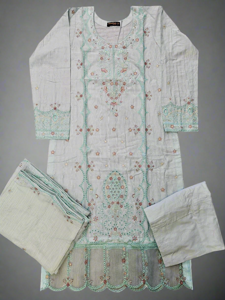 Baby blue and purple floral embroidery cotton shalwar kameez