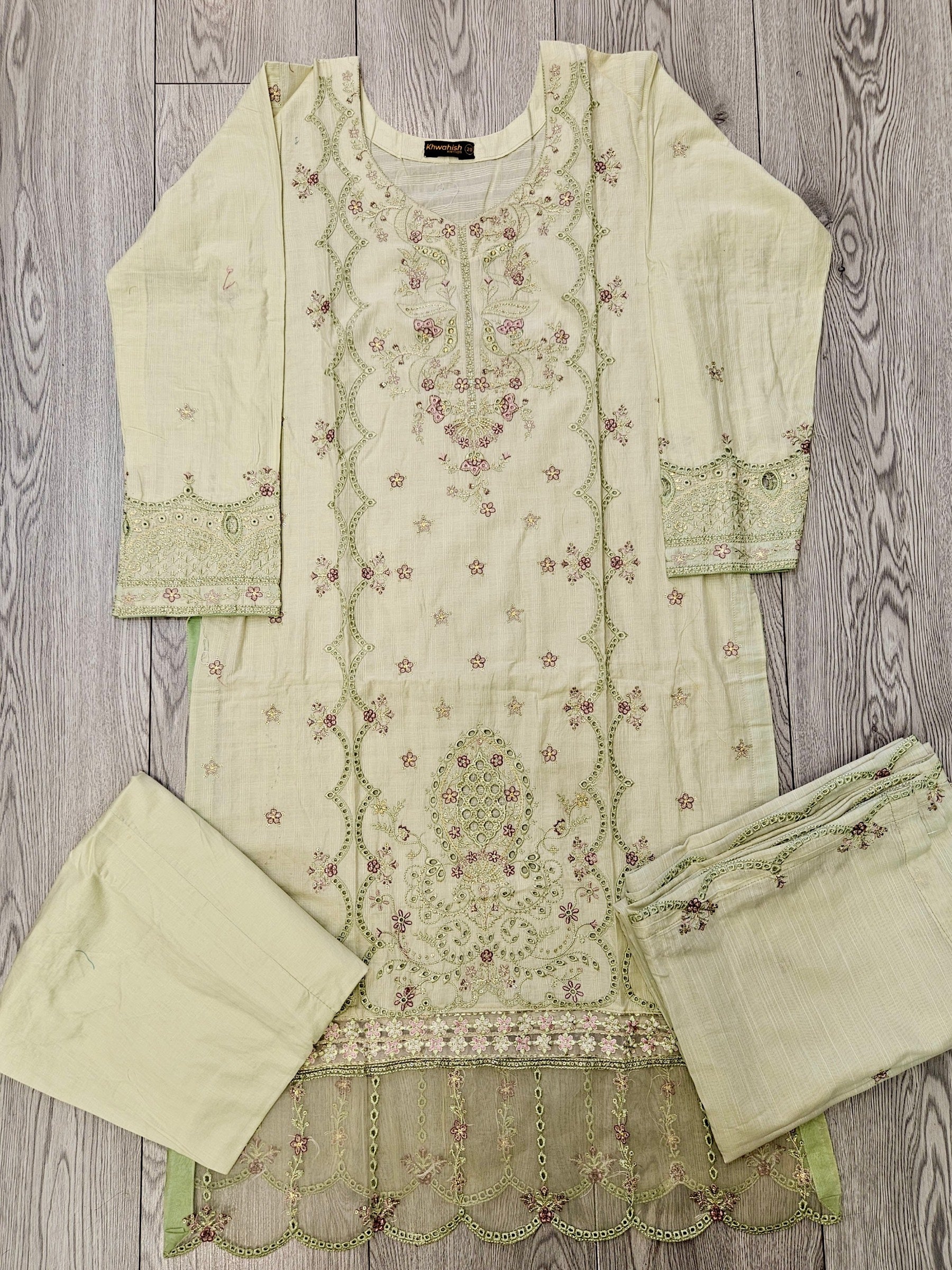 Chartreuse green and purple floral embroidery cotton shalwar kameez