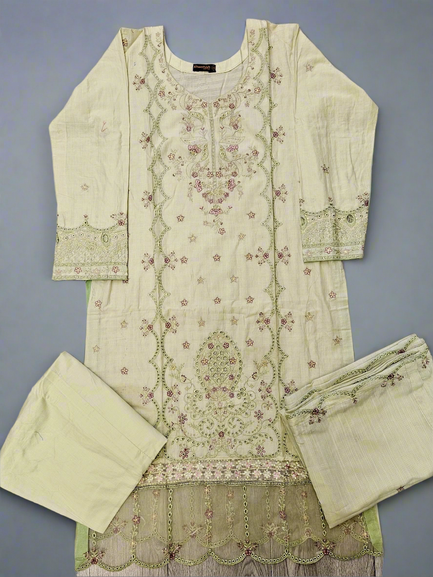 Chartreuse green and purple floral embroidery cotton shalwar kameez