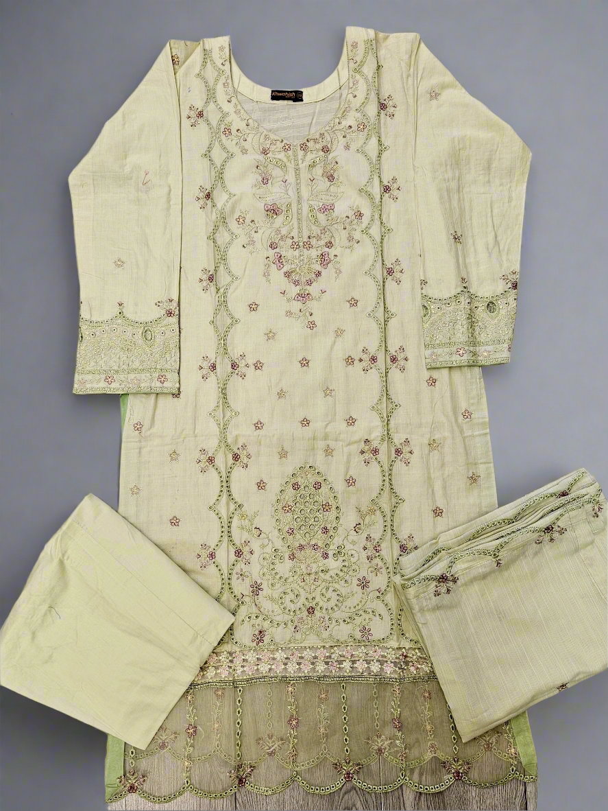 Chartreuse green and purple floral embroidery cotton shalwar kameez