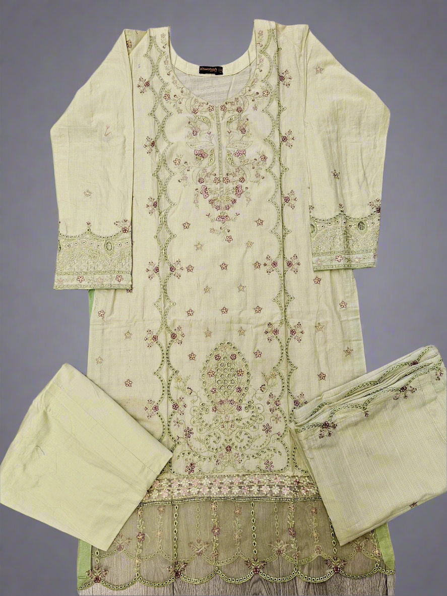 Chartreuse green and purple floral embroidery cotton shalwar kameez