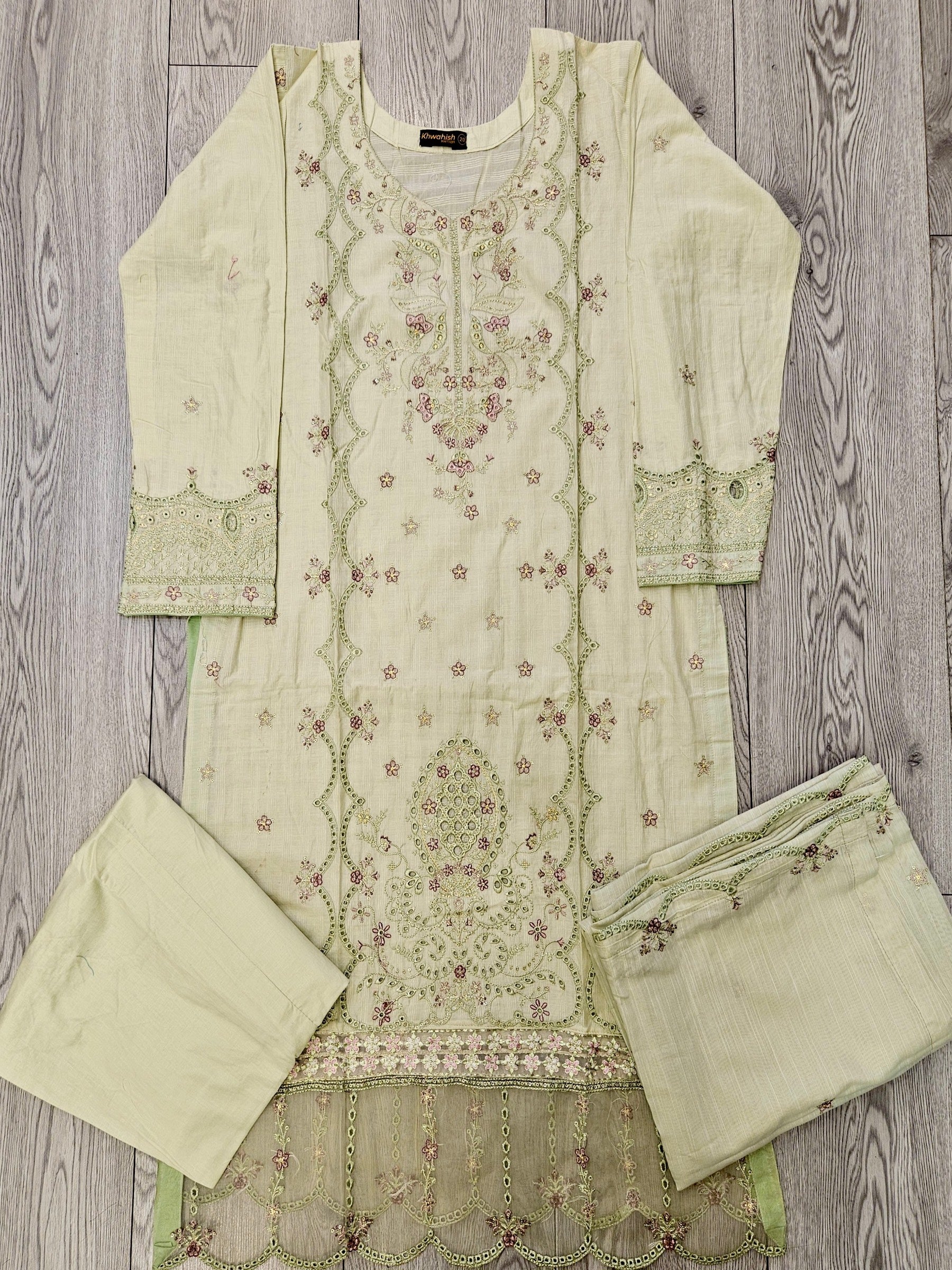 Chartreuse green and purple floral embroidery cotton shalwar kameez