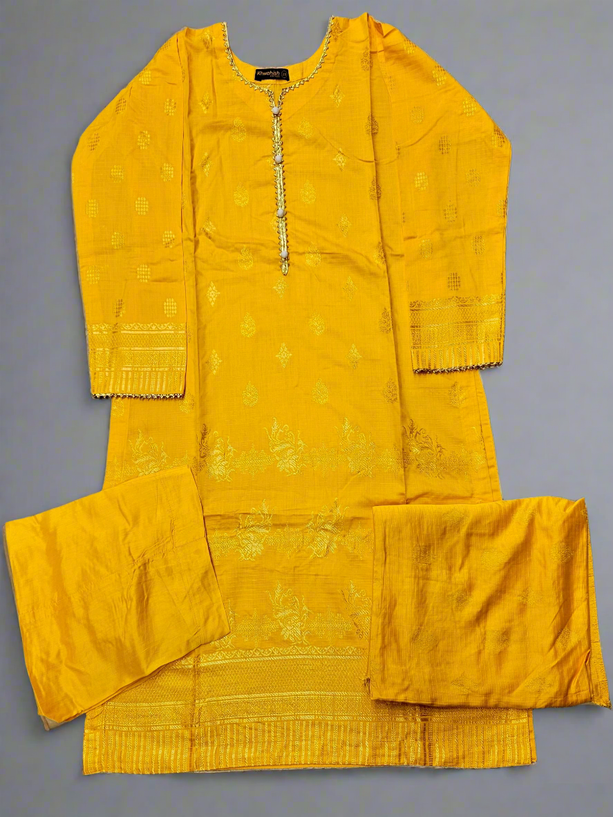 LimeLight buttercup yellow Jacquard brocade cotton with intricate raised patterns