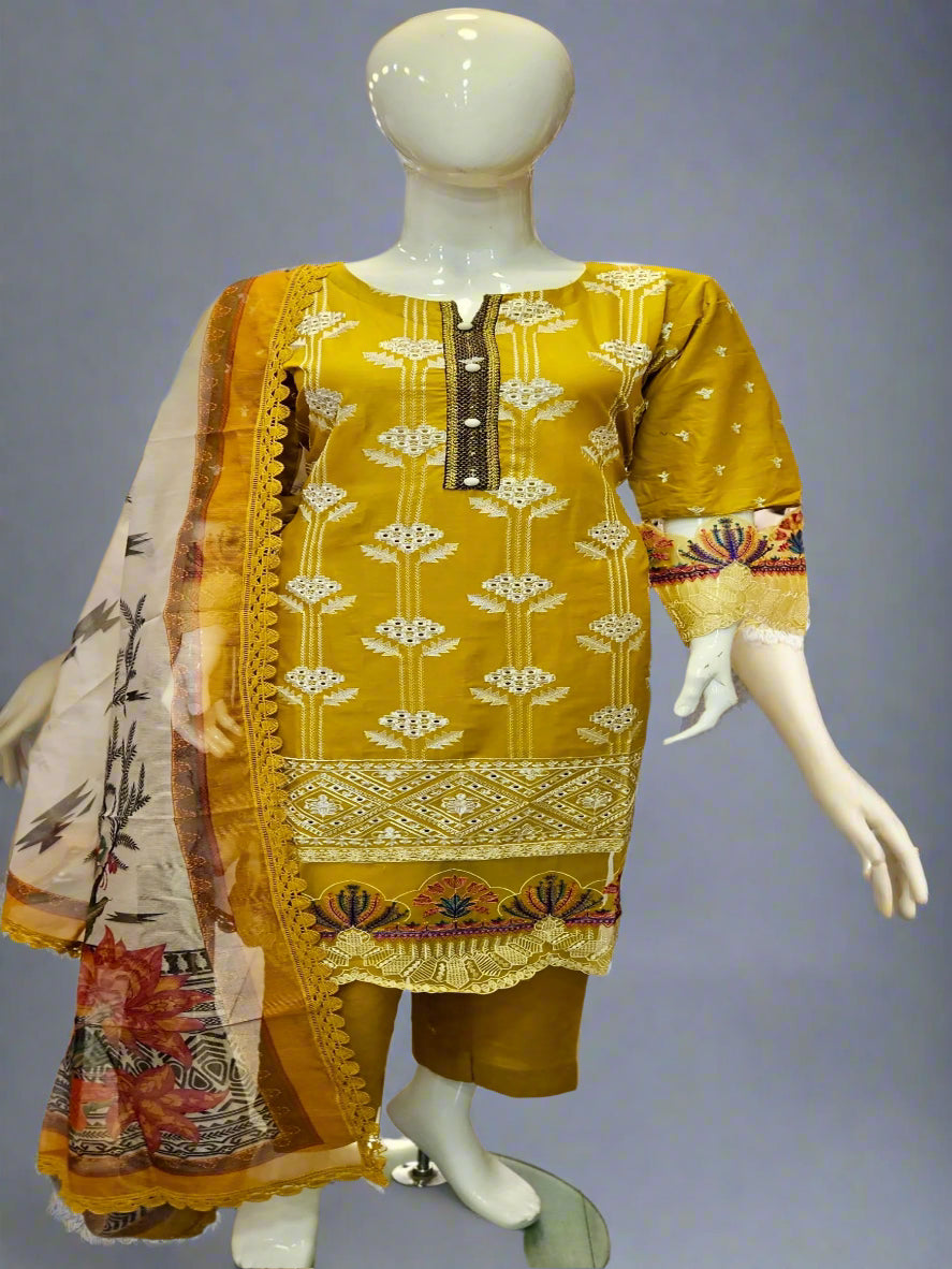 ZACH mustard yellow and silver embroidered cotton shalwar kameez