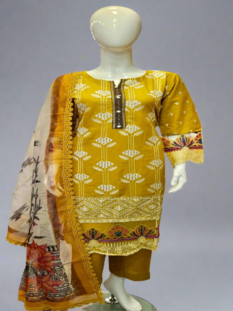 ZACH mustard yellow and silver embroidered cotton shalwar kameez