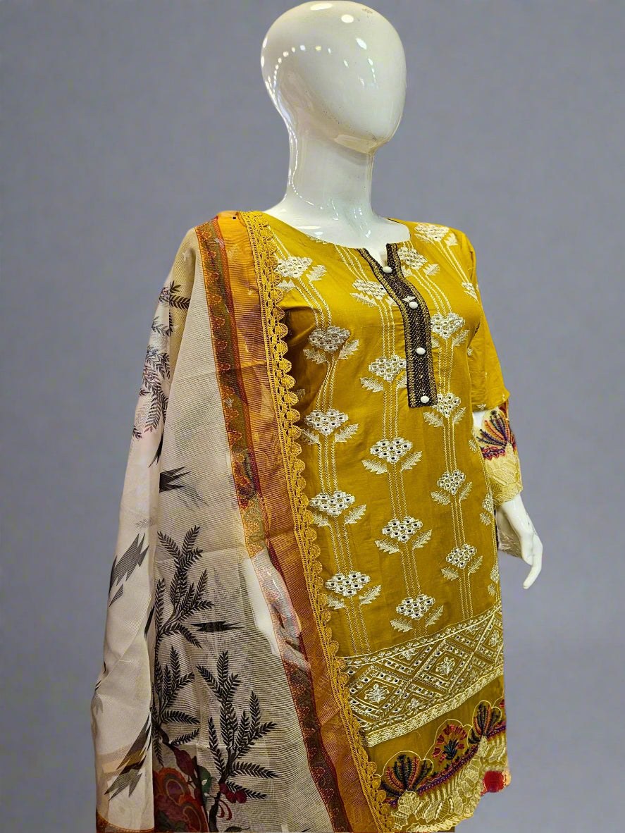 ZACH mustard yellow and silver embroidered cotton shalwar kameez