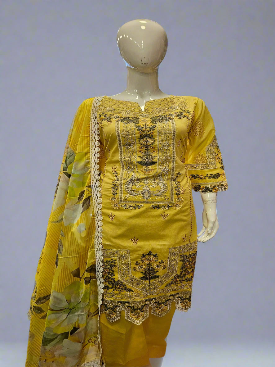 ADN lemon yellow and olive green embroidered cotton shalwar kameez